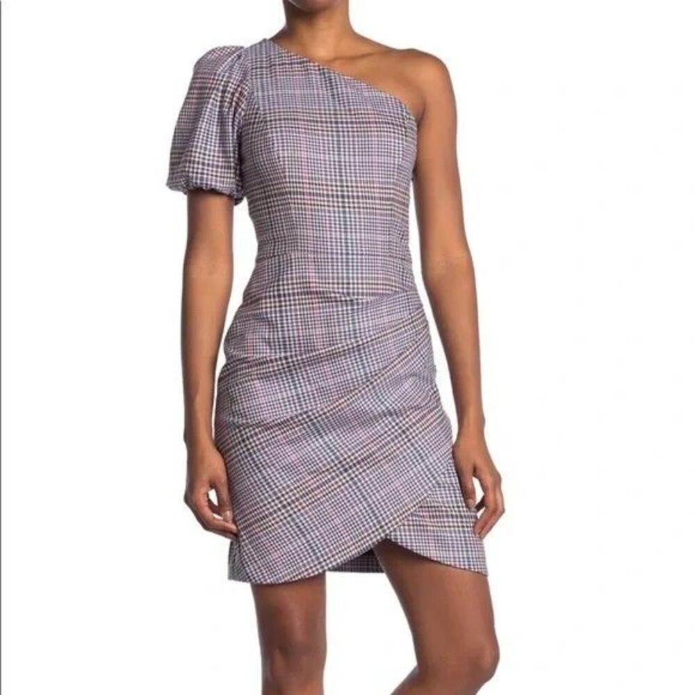 Parker One Shoulder Tulip Hem Pink/Blue Plaid Dress, Size Large